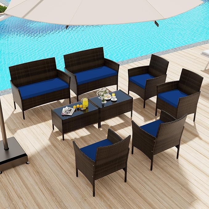 4 Piece Patio Furniture Set, Sectional Conversation Sofa Set with Glass Coffee Table, Cushions & Loveseat, Wicker Outdoor Table and Chairs for Pool, Garden, Deck, Backyard (2, Navy)