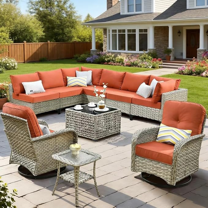 10 Pieces Outdoor Sectional Patio Furniture Set with Swivel Rocking Chairs,Wicker Conversation Sets Rattan L Shaped Couch,Modular Outdoor Sofa for Porch Balcony Backyard Orange