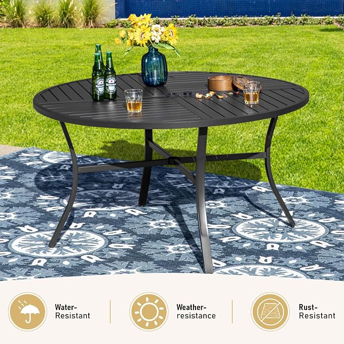 SUNSHINE VALLEY 7 Pieces Patio Dining Set, 6 x Woven Rattan Chairs with Waterproof Cushion, 54” Metal Round Dining Table with Umbrella Hole, Outdoor Table and Chairs Set for Backyard Lawn and Deck