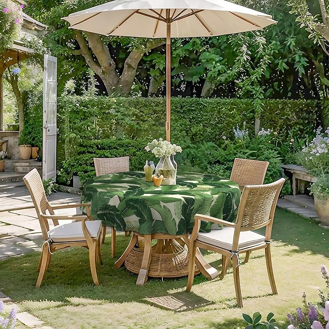DYTXIII Outdoor Round Tablecloth with Umbrella Hole 60 Inch, Water Repellent & Fade Resistant Table Cover, All Weather Outdoor Tablecloth for Garden & Party Table, Palms Green