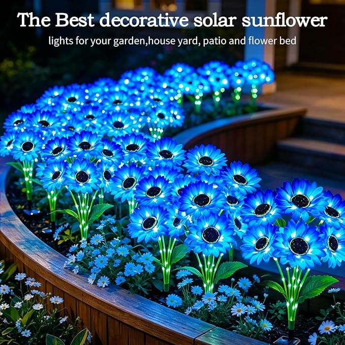 MRHEPHAESTUS Solar Garden Lights Outdoor, 4 Pack Solar Blue Sunflower Lights with 18 Head 3.5 Inch Flowers, Waterproof Flowers Light Fall Decor Auto ON/Off for Garden Yard Patio, Gifts for Mom Women