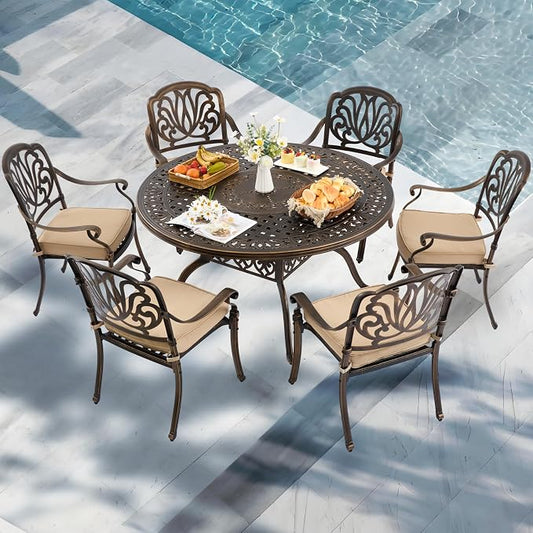 7-Piece Cast Aluminum Outdoor Table and Chairs, Classic Vintage Patio Dining Set for 6 Include 54.5" Round Dining Table and 6 Chairs with Removable Cushion and Umbrella Hole