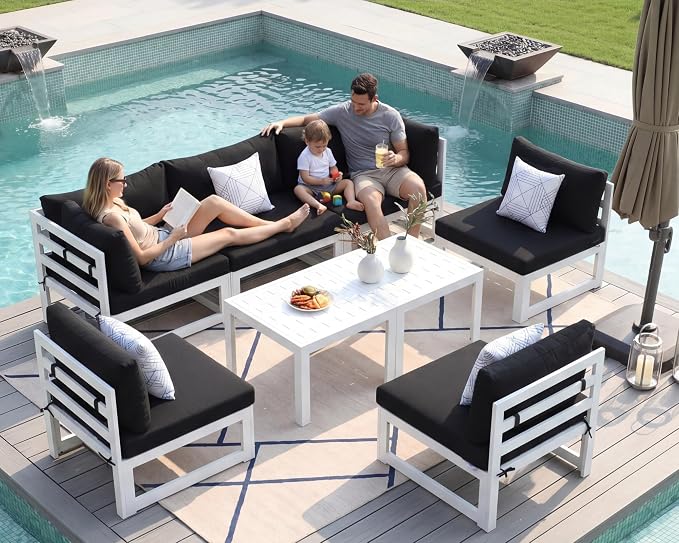 NICESOUL 8 Pcs L-Shaped Contemporary Aluminum Outdoor Furniture Set, 29" Deep Wide Large Couch Set, 500 lbs High Weight Capacity Modular Patio Sectional Sofa with Coffee Table for Garden Lawn, Black