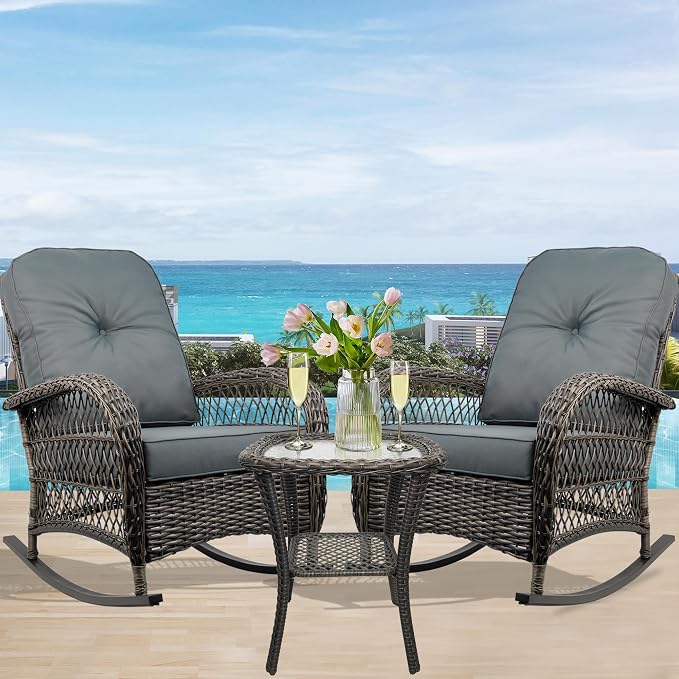 Outdoor Wicker Rocking Chair, All Weather Resin Rattan Wicker Rocking Chairs and Glass Coffee Table, for Garden Backyard Lown Porch,3pc,Grey