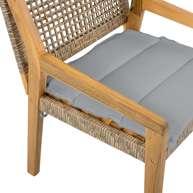 Christopher Knight Home Samma Acacia Wood Outdoor Dining Set for 4, Patio Dining Table Set for 4, Outdoor Dining Table and Sled Base, Dining Chairs with Cushion + Wicker Backrest, Teak+Brown+Grey