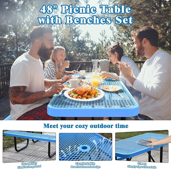 Ceridwen Heavy Duty Picnic Table with 2 Benches, Expanded Metal Steel Mesh Outdoor Patio Dining Table Bench Set with Umbrella Hole,Outdoor Patio Dining Table for Garden (Rectangular, Blue, 4FT)
