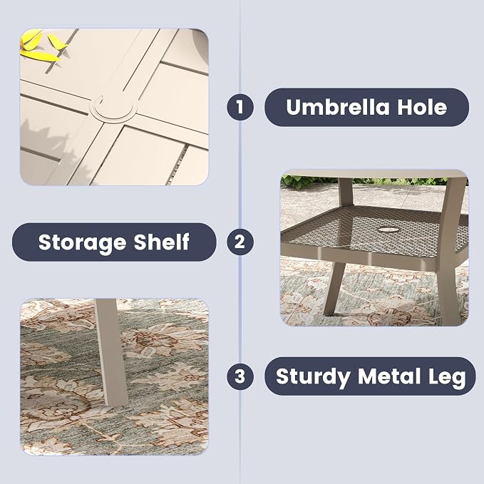VICLLAX 47.2" Round Outdoor Table, Patio Dining Table for 6 with Umbrella Hole for Garden Lawn Deck Backyard, Sandshell