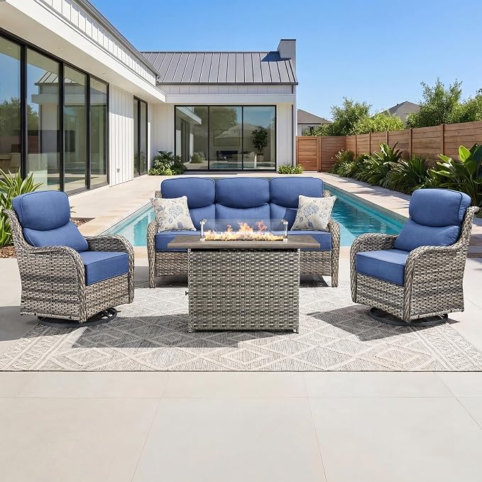 Luxury Patio Furniture Set with 6-inch Thick Cushion, Outdoor Furniture with Fire Pit Table, Swivel Chairs, Sofa, 4pcs Wicker Conversation Set for Deck Yard and Poolside(Grey Wicker/Blue Cushion)