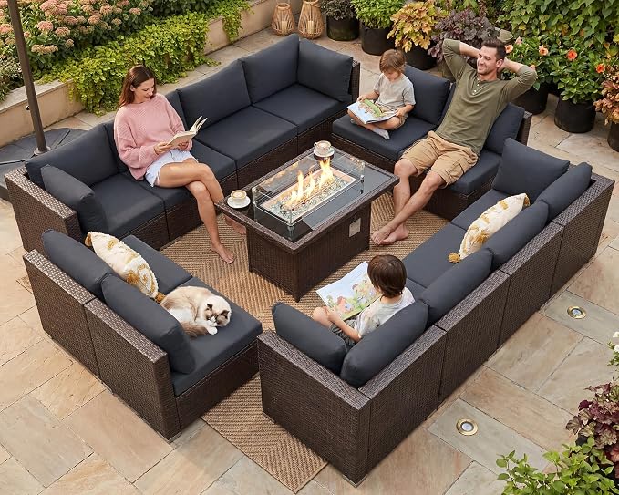 NICESOUL 13 Piece Patio Furniture w/Fireplace, Elegant Outdoor Seating w/Firepit, XL 29.3'' High Back Sectional Sofa, All-Weather Rattan Deck Couch, Modular Sturdy Conversation Set, Brown & Gray