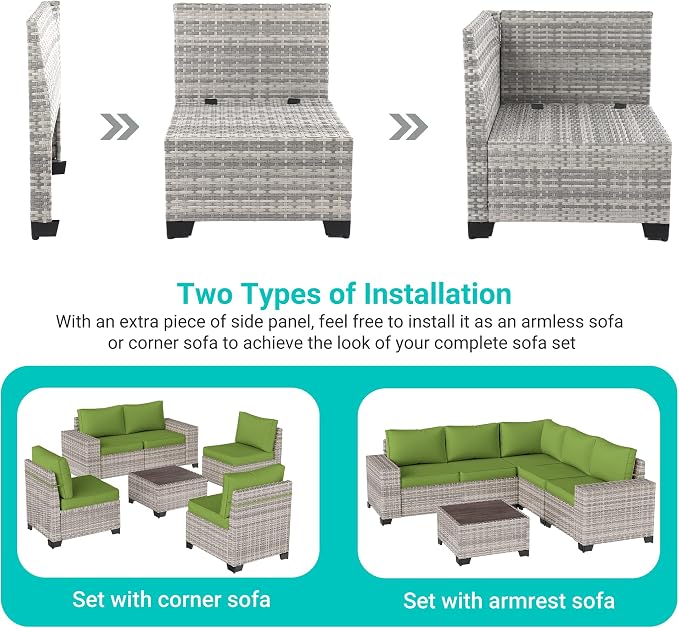 6-Piece Outdoor Patio Furniture Set Wicker Sectional Sofa Set, Patio Conversation Set with Thickened Cushions & Chunky Arms Coffee Table for Garden, Backyard, Poolside, Avocado Green