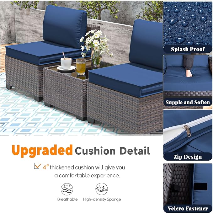 Patio Furniture Set with Fire Pit Table 10 Pieces Outdoor Sectional Sofa Set,PE Rattan Wicker Patio Conversation Set w/43in 55000 BTU Propane Fire Pit Table,NavyBlue