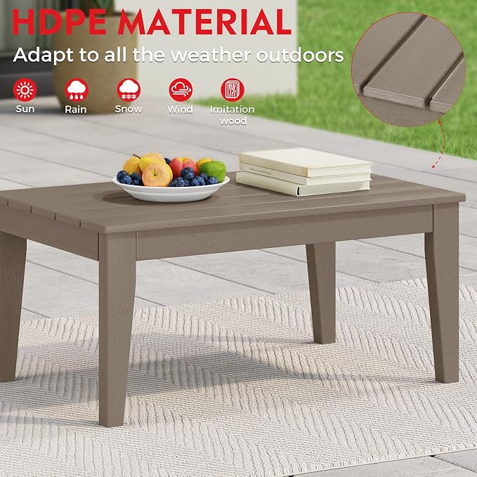 Costaelm Adirondack Outdoor Coffee Table, HDPE Drink Table Weather Resistant, Patio Porch Accent Balcony Table Outdoor End Table for Pool, Seaside, Backyard, Weathered Wood