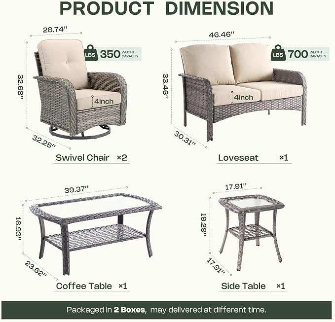 5-Piece Patio Furniture Set, Outdoor Wicker Furniture with Coffee Table, High Back Swivel Rocker Patio Chairs, Modern Rattan Outdoor Chairs Conversation Set for Porch, Balcony, Garden, Beige