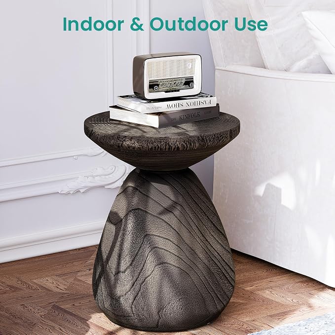 SUNBURY Outdoor Side Table, 14" Small Outdoor End Table, Patio Side Tables w Tree Ring, Round Concrete Side Tables, Garden Stool Plant Stand for Front Porch, Pool (Grey)