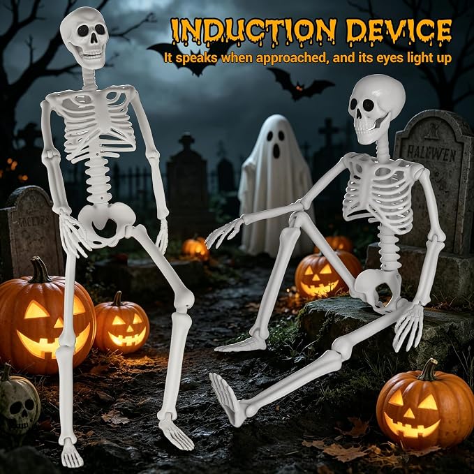 HBSTK 36 Inches Motion&Sound Activated Moving Jaw&Speaking&Glowing Eyes Pose-N-Stay Halloween Skeleton Life Size Full Body Posable Movable Jonints Halloween Decoration Décor