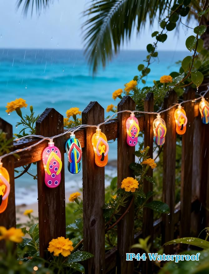 8.5Ft Summer Beach Themed Outdoor Lights, 10L LED Flips Flops String Lights | Plug in Waterproof for Indoor and Outdoor Holiday Summer, Beach Tent, Luau Aloha Hawaiian Tropical Camping Party Décorations