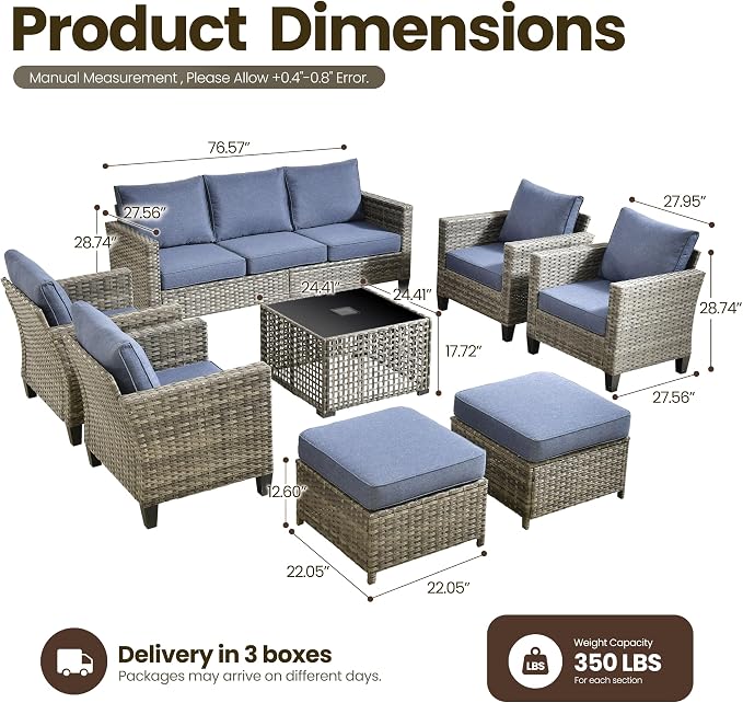 8 Piece Wicker Patio Furniture Set with Solar Table, Denim Blue | Outdoor Deep Seating Sofa Chair Ottoman, Solar Lights Table, All Weather Rattan, Modern Conversation Set, Porch Deck Backyard