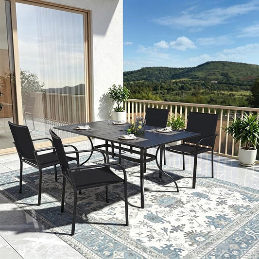 Outdoor Dining Set of 5 with Black Stackable Chairs, 63inch Rectangle Table | Stackable Chairs, Metal Rectangle Table, Slat Table Top, 4 or 6 Person Use, All Weather, Textilene fabric Seat and Back