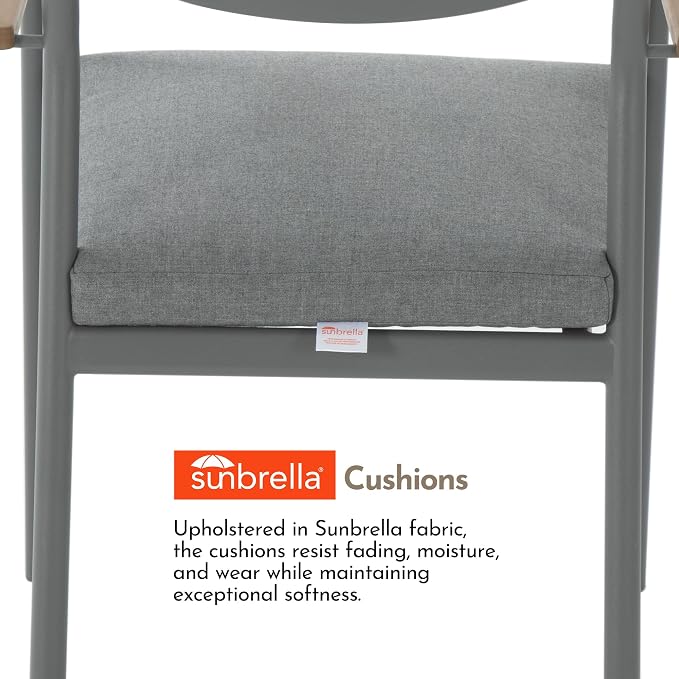 Modern Shade Lusso Outdoor Dining Chairs Set of 6, Fade Resistant, All-Aluminum Outdoor Chairs with FSC Teak Wood Armrests, Weather-Resistant Patio Chair with Quick Dry Cushion, Gray