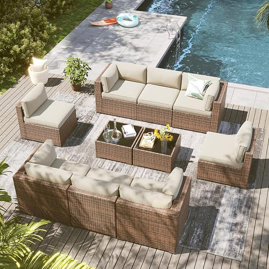 LazySunsets 10 Piece Outdoor Patio Furniture Set with Coffee Table, Outdoor Patio Furniture Sets with Thicken Cushion, Wicker Rattan Outdoor Conversation Set for Backyard & Garden, Beige