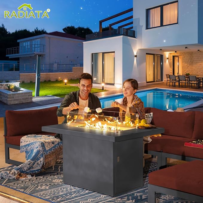 RADIATA 6 Person Oversized Modular Aluminum Outdoor Furniture Set with Fire Pit Table, 29 inch Deep Wide Sectional Seating, 500 lbs High Weight Capacity Patio Conversation Set for Garden, Burgundy