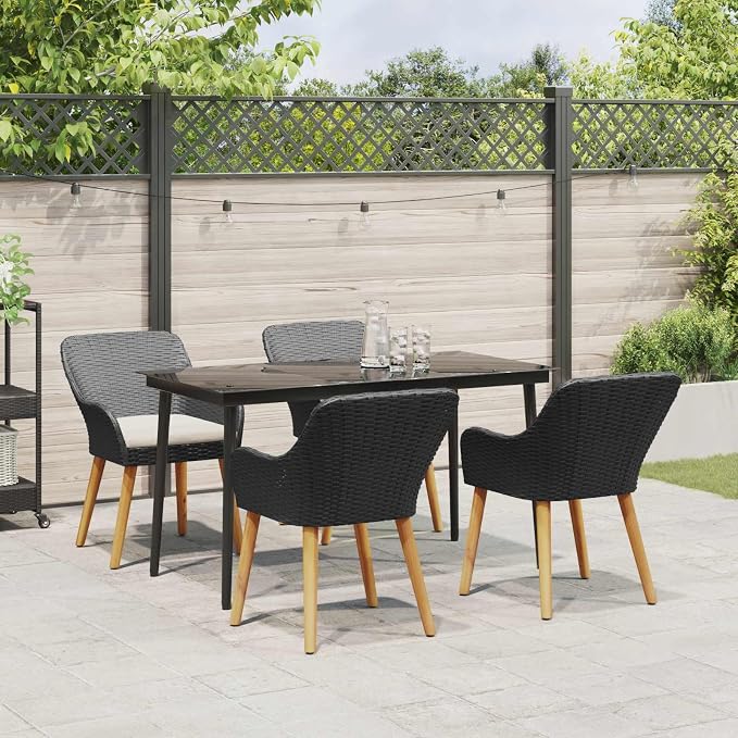 Garden Dining Set with Cushion 5 pcs Black Poly Rattan Outdoor Patio Furniture Table and 4 Chairs with Tempered Glass Top Weather Resistant for Backyard Deck Lawn Entertaining 970 lb Capacity