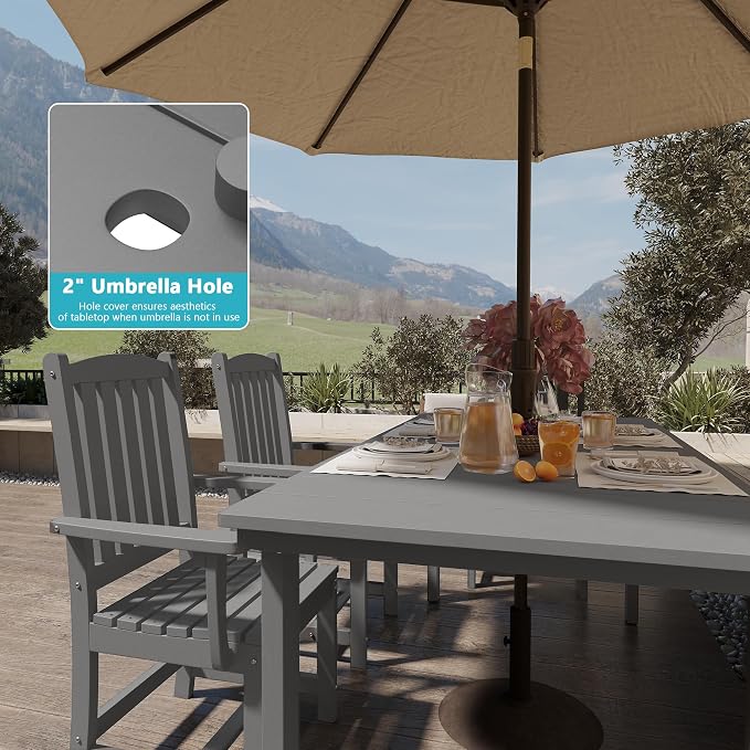 ROCSUMOO Outdoor Dining Table, 70" HDPE Dining Table with Umbrella Hole for 6-8 (Grey)