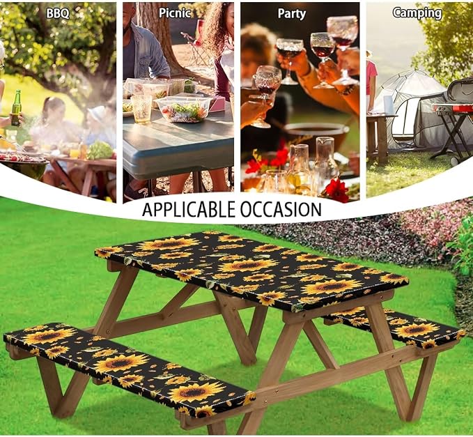 Sunflower Leaf Picnic Table Cover with Bench Covers Waterproof Rectangle Tables Patio Tablecloth Camping Gear and Essentials Rv Accessories Road Trip Supplies Car Travel Must Haves
