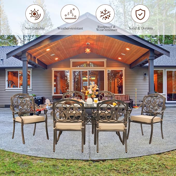 7-Piece Cast Aluminum Outdoor Dining Set, 60" Rectangular Table with 2 Umbrella Holes & 6 Stackable Chairs with 2.75" Cushions, Antique Brass Rustproof Patio Furniture for Garden