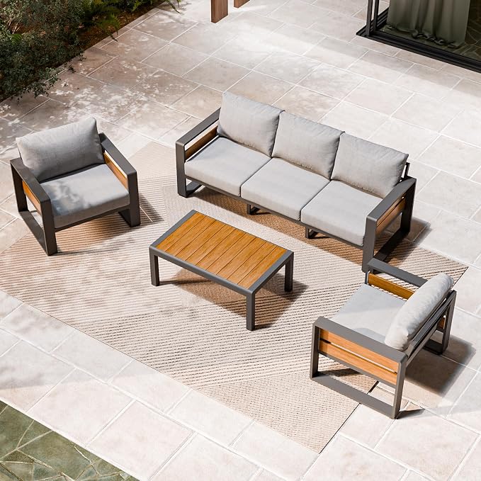ZANDOR Aluminum Outdoor Patio Furniture Set with Coffee Table, 5 Seats Patio Conversation Sets with Washable Thick Cushions, Outdoor Sectional for Porch, Backyard, Deck, Garden & Poolside, Grey
