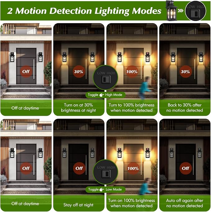 Motion Sensor Outdoor Wall Light Fixture, Dusk to Dawn Porch Light | Auto ON/OFF, 3 Lighting Modes, Waterproof, Rust-Resistant, Aluminum Frame & Sturdy Glass, Easy to Install