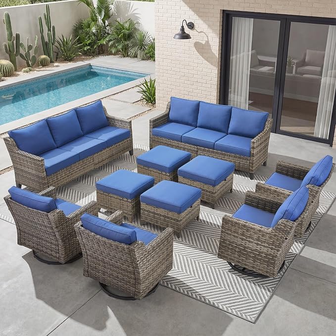 Belord Patio Wicker Swivel Rocker Patio Chairs with 3-Seater Sofa, Outdoor Rattan Chairs for Deck Porch Poolside, 10 Piece Patio Conversation Furniture Set,Blue