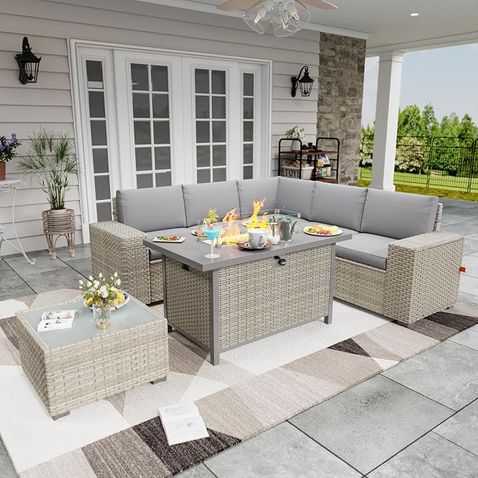 7 Piece Patio Furniture Set with 50,000 BTU Rattan Fire Pit Table that Converts to Coffee Table, 9.8" Wide Arm Sectional Sofa with Storage Armrests, Outdoor Rattan Conversation Set, Grey
