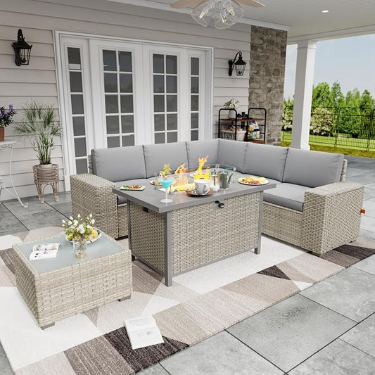 7 Piece Patio Furniture Set with 50,000 BTU Rattan Fire Pit Table that Converts to Coffee Table, 9.8" Wide Arm Sectional Sofa with Storage Armrests, Outdoor Rattan Conversation Set, Grey