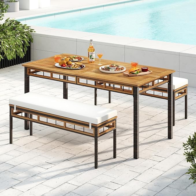 Tangkula 3 Pieces Wood Patio Dining Set, Outdoor PE Wicker Rectangular Acacia Wood Table and 2 Cushioned Benches with 1.97” Umbrella Hole, Outside Furniture Set for Deck, Garden and Backyard