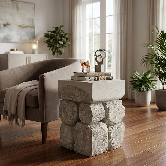 Square Outdoor Concrete Side Table,Patio End Table, Faux Stacked Stone Accent Table with Wave for Indoor Outdoor, Garden Stool Coffee Table for Patio, Garden, Backyard - 14.57" Grey MgO