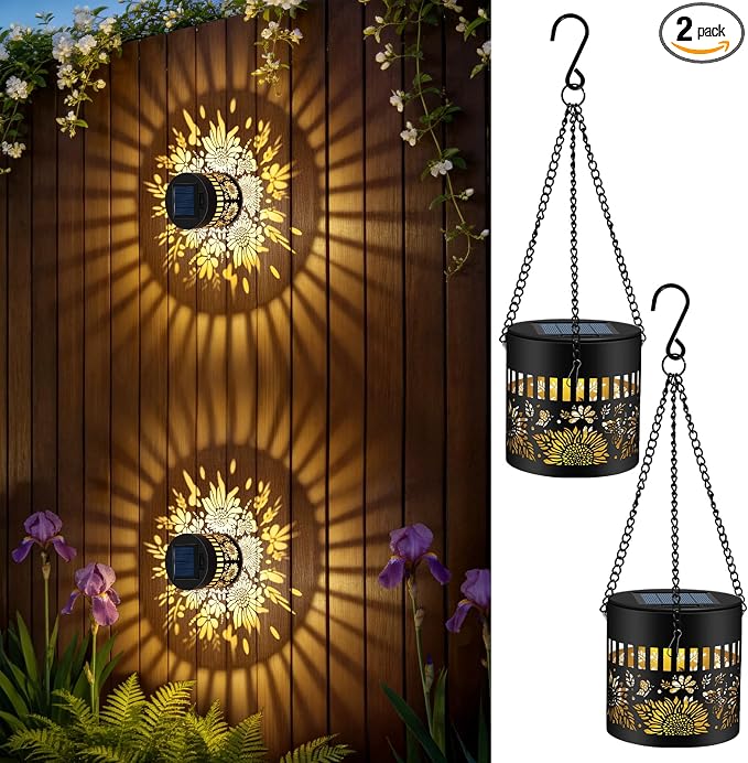 2 Pack Solar Fence Lights Outdoor, Metal Solar Powered Wall Deck Step Light | Sunflower Theme, Hanging LED Waterproof Decorative Lighting for Garden Patio Backyard Post Decor, Warm White