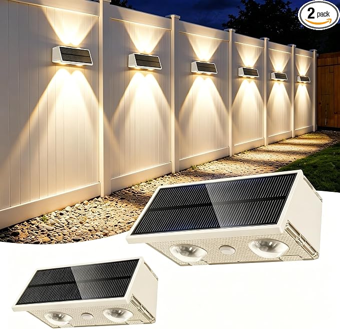 Solar Fence Lights Outdoor, 2 Pack Fence Solar Lights Waterproof | IP65 Fence Lights Solar Powered Up & Down LED Focus, 9 Color Modes, 12H Dusk to Dawn Glow for Patio/Backyard - Pure White