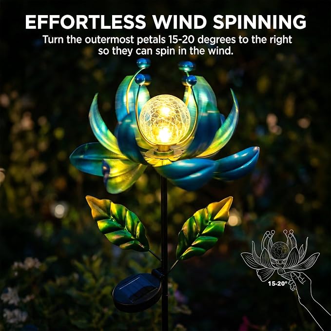 Solar Wind Spinners Outdoor Metal Kinetic Lotus Flower, Pinwheels for Yard and Garden Decor with Warm Crackle Glass Globe, 360° Spinning Yard Art Sculpture