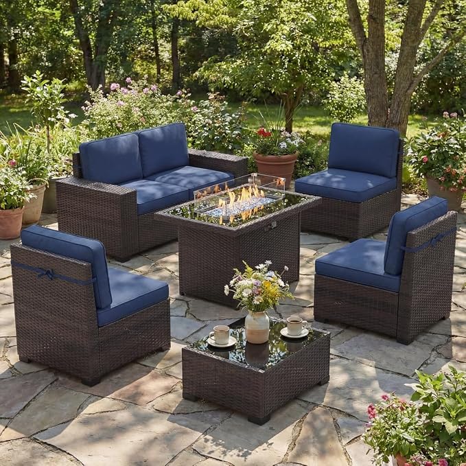 LayinSun 7 Pieces Outdoor Patio Furniture Set with 44" Fire Pit Table Brown Rattan Sectional Sofa Conversation Sets