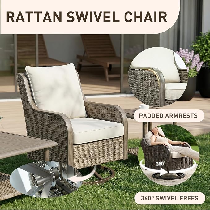 3-Piece Patio Furniture Set, 2 Swivel PE Wicker Chairs & Rattan Side Table, Outdoor Patio Swivel Rocker Seating for Porch Deck Balcony with Water-Resistant Cushions (Beige, 3-PCS)
