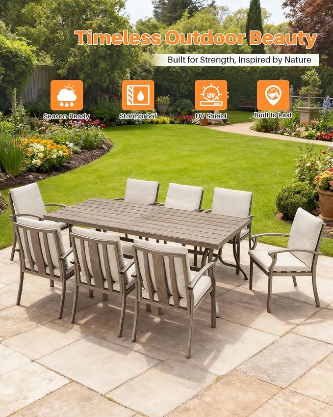 9-Piece Outdoor Dining Set, Never Rusts Aluminum Patio Dining Set with Umbrella Hole, Outdoor Table and Chairs with Cushions, Patio Furniture Sets for Decks, Lawn, Garden, Backyard, Limed Oak