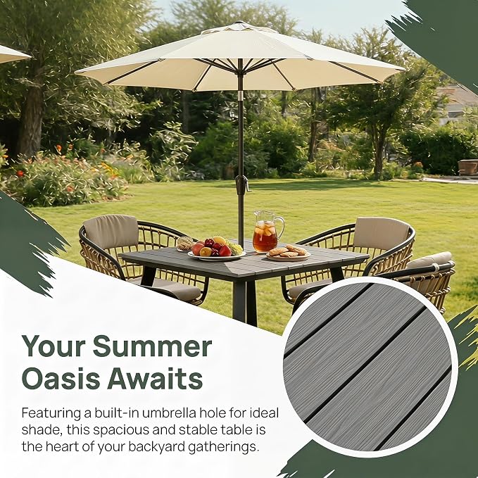 35" Square Patio Dining Table, with Umbrella Hole, Heavy-Duty Iron Frame and WPC Top, All-Weather Outdoor Patio Table for Backyard, Garden and Outdoor Dining