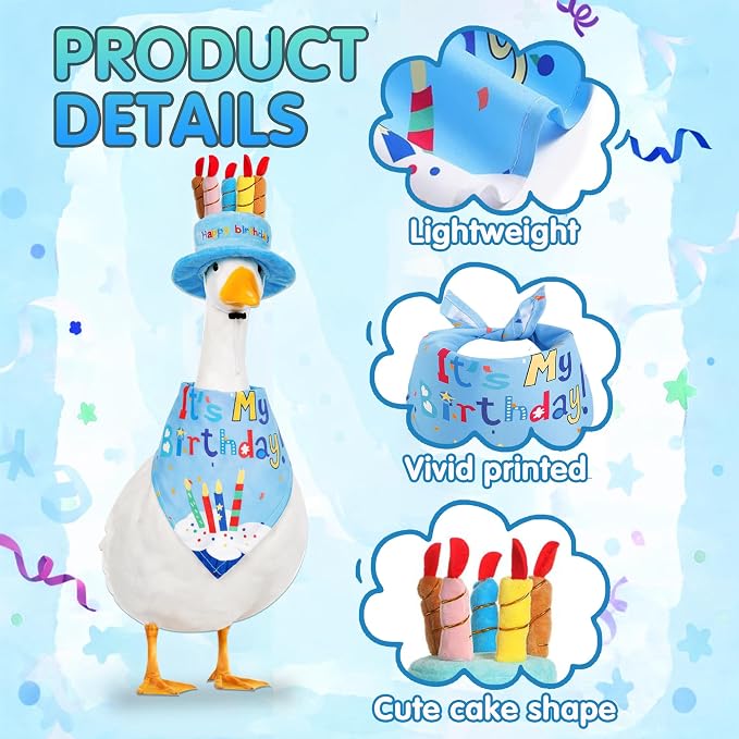 Happy Birthday Goose Outfit Porch Goose Outfits with Happy Birthday Cake Hat and Bandana Yard Geese Outfits for 23" 17" Cement/Plastic Porch Goose Outdoor Statue Patio Yard Lawn Art (Blue)