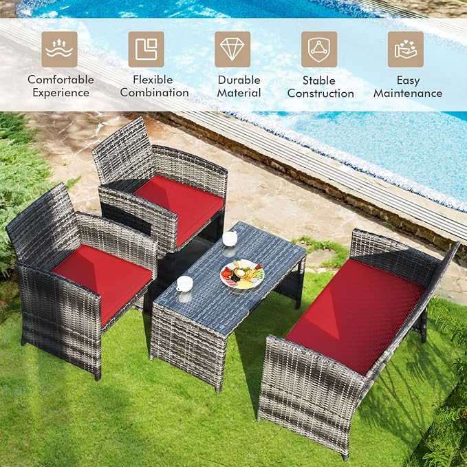Outdoor Conversation Set, 8 Pieces Wicker Patio Chair Set with Ergonomic Curved Design, Water-Resistant Cushion & Tempered Glass Table for Porch, Poolside (Red)