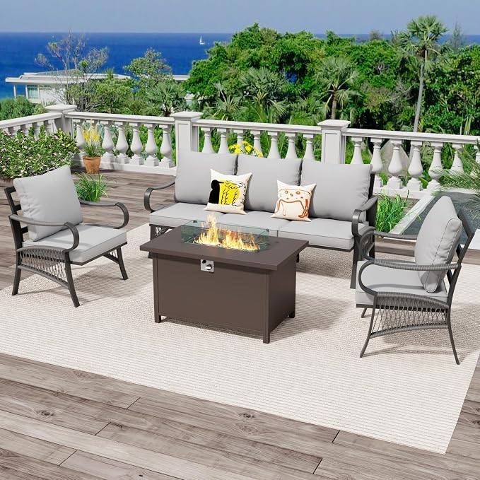 4 Piece Patio Furniture Set with 50000 BTU Propane Fire Pit Table, All Weather Metal Outdoor Conversation Sofa Set with Thick Cushions for Garden, Porch, Lawn, Grey