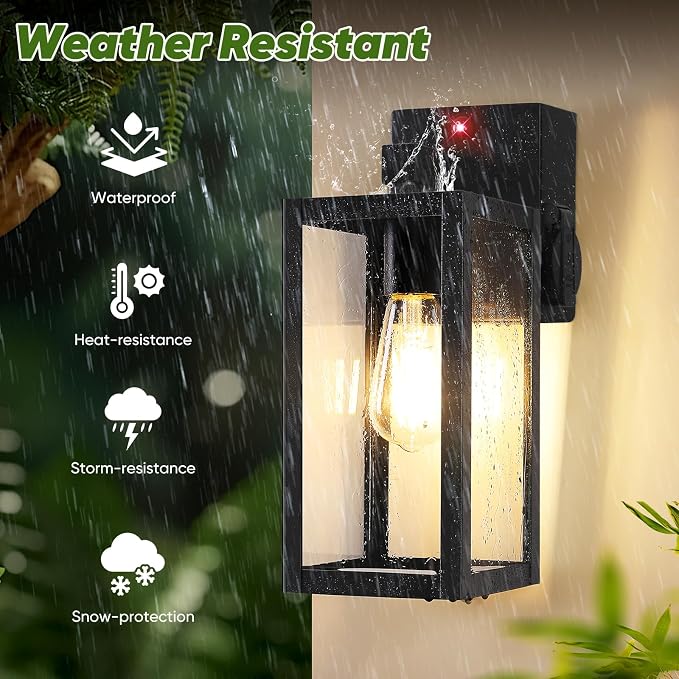 Upgraded Motion Sensor Outdoor Wall Light with Outlet, Black | UL-listed Extra Power Socket, Auto ON/OFF, 3 Lighting Modes, Waterproof, Rust-Resistant, Durable Metal & Clear Glass