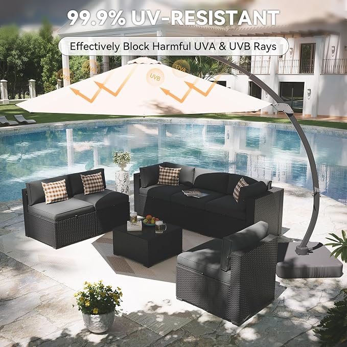 Aoxun Patio Furniture Set with Umbrella, 8 Piece Outdoor Sectional Sofas, Wicker Rattan Outdoor Furniture with Thickened Cushion for Backyard, Garden Dark Grey