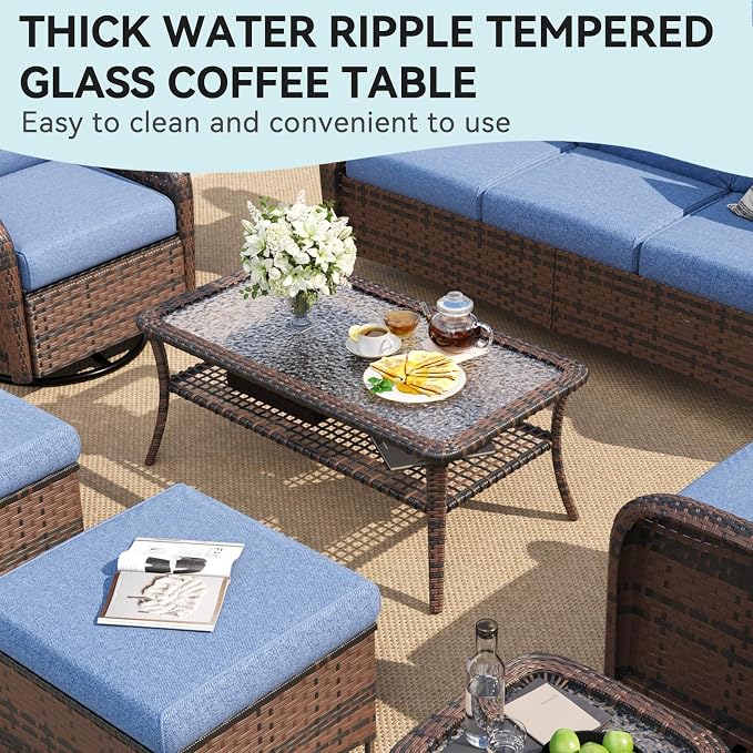 LazySunsets 9 Piece Outdoor Patio Furniture Set with Coffee Table, Wicker Rattan Outdoor Furniture with High Back Swivel Rocker Chairs, Outdoor Conversation Set with Thick Cushion & Ottoman, Navy Blue