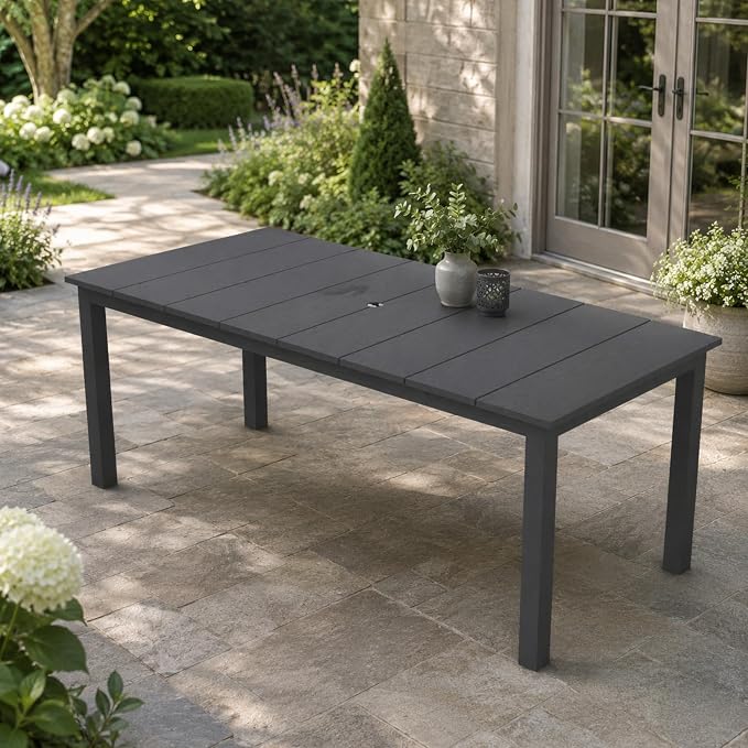 75.2" HDPE Outdoor Dining Table for 4-6 People, Rectangular Patio Dining Table with Umbrella Hole, All Weather Patio Dining Outdoor Table for Deck, Backyard and Garden, Gray